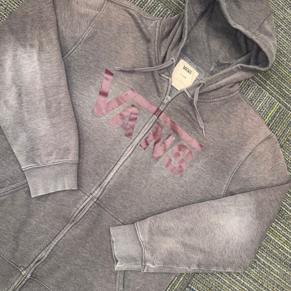 Vans Zip Up Hoodie Mens XL Gray Purple Good Faded Logo Graphic Skater Sweatshirt